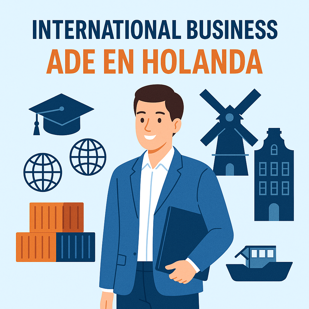 Estudiante internacional con iconos de educación, logística y cultura neerlandesa que representan estudiar ADE o International Business en Holanda